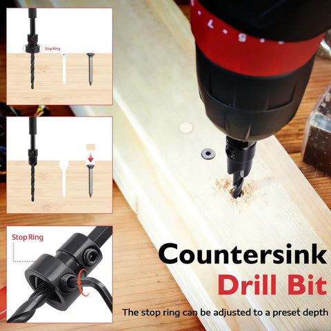 All In One Countersink Drill Bit Set for Woodworking with Quick Change 15 Piece Kit drilling into wood with stop ring shown