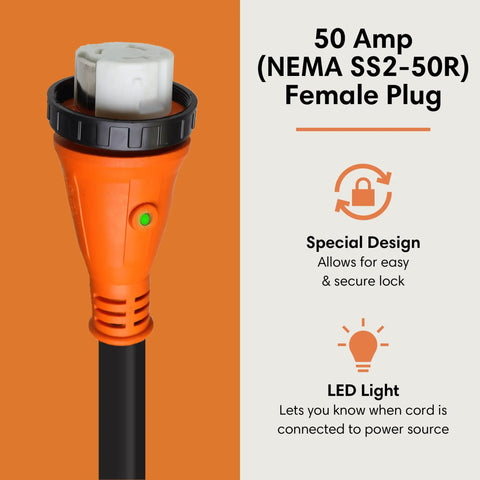 Heavy Duty 50 Amp Locking Extension Cord 25 Foot Black Beefed Up Industrial Grade Power Cable Female Plug with LED Light