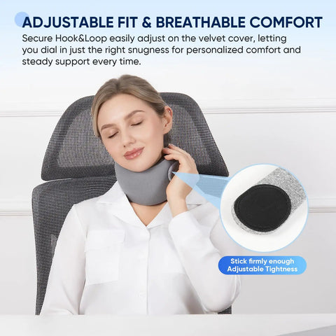 Woman using gray Ultra Compact Chin Support Travel Pillow For Petite Travelers, Portable Memory Foam Neck Pillow With Washable Velvet Cover