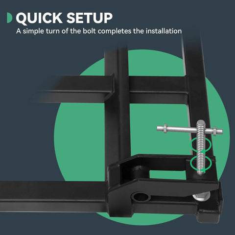 Clamp On Debris Forks For 48 Inch Bucket With 2500 Lbs Capacity Heavy Duty showing quick setup installation mechanism.