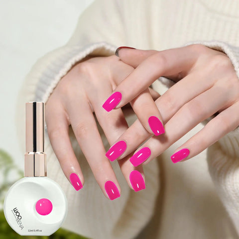12ml Nail Gel Kit With UV Gel Polish Colors Long Lasting, bright pink nails with bottle, glossy finish