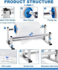 Table Stretch Film Dispenser in Stainless Steel Adjustable 20 to 80 cm Width One Hand Cutter with labeled components.