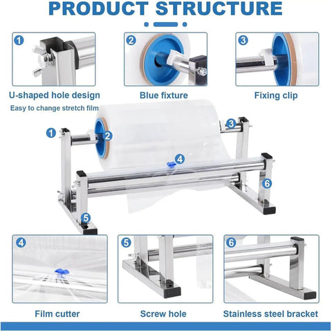 Table Stretch Film Dispenser in Stainless Steel Adjustable 20 to 80 cm Width One Hand Cutter with labeled components.
