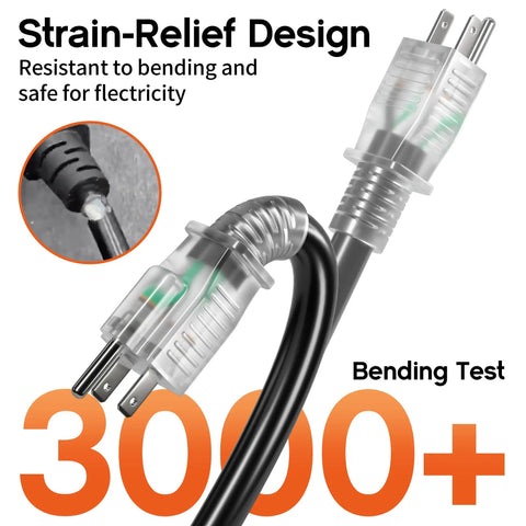 Beefy Workhorse 50 Foot Heavy Duty Outdoor Extension Cord Waterproof With Lighted End Black 12 Gauge Extension Cord strain-relief design