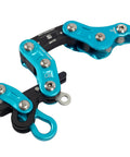 Rope Runner Vertec Ultimate Climbing And Work Positioning Device With Tool-Free Adjustability And Midline Attachable System, blue and black metal, top view.