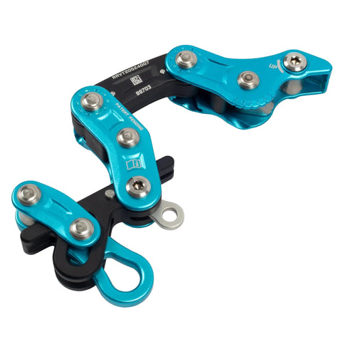 Rope Runner Vertec Ultimate Climbing And Work Positioning Device With Tool-Free Adjustability And Midline Attachable System, blue and black metal, top view.