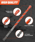 Concrete drill bit with carbide cutter head, orange-coated spiral, and 1/4 inch double-groove hex shank.