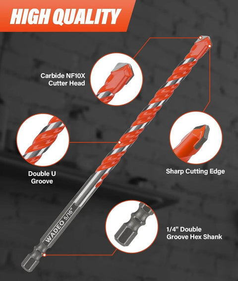 Concrete drill bit with carbide cutter head, orange-coated spiral, and 1/4 inch double-groove hex shank.