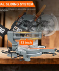 Professional Grade 10 Inch Double Bevel Sliding Compound Miter Saw With A Bulletproof 15 Amp Motor And Smooth 5000 Rpm Cutting Action For Precision Woodwork And Home Garage Grinds showing axial sliding system with 13 inch cut.