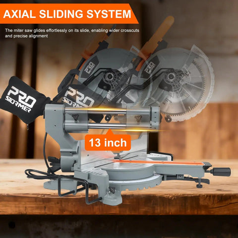 Professional Grade 10 Inch Double Bevel Sliding Compound Miter Saw With A Bulletproof 15 Amp Motor And Smooth 5000 Rpm Cutting Action For Precision Woodwork And Home Garage Grinds showing axial sliding system with 13 inch cut.