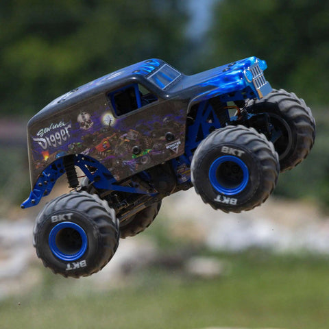 1 By 18 Scale Mini LMT Son Uva Digger 2S 4X4 RTR Brushed Monster Truck Blue, jumping in air with LED lights and BKT tires