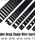 High Speed Silent Plastic Nylon Cable Management Chain For Industrial Machines showing various sizes 7x7 to 10x40 cable carriers.