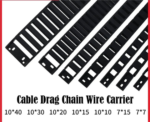 High Speed Silent Plastic Nylon Cable Management Chain For Industrial Machines showing various sizes 7x7 to 10x40 cable carriers.