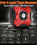 Laser Tape Measure 2-in-1,131ft/40m Laser Distance Meter&16ft/5m Tape Measure,USB-C Rechargeable,Backlit LCD,Area/Vol/Pythagorean-Red showing front view with tape extended.