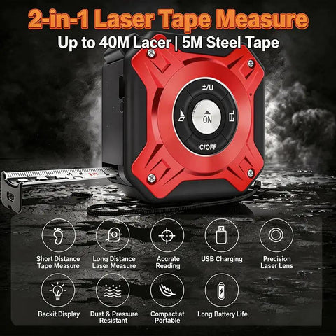 Laser Tape Measure 2-in-1,131ft/40m Laser Distance Meter&16ft/5m Tape Measure,USB-C Rechargeable,Backlit LCD,Area/Vol/Pythagorean-Red showing front view with tape extended.