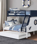 Twin Over Full Bunk Bed With Attached Ladder Upper Bed Rails Lock Joint Safety System Slat Kit Included Blue White Trundle Included