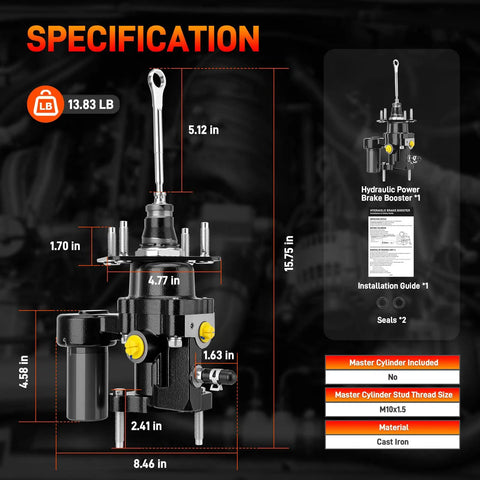 Hydraulic Power Brake Booster Replacement For Chevy And GMC Rigs And Suburbans 1997-2000 C1500 C2500 C3500 K1500 K2500 K3500, specification diagram with dimensions and components.