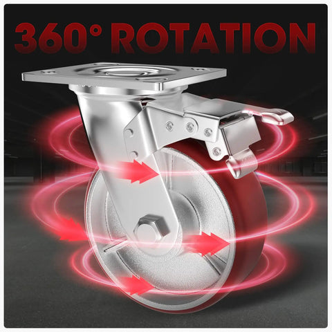Heavy Duty 6 Inch Caster Set With Two Locking Brakes Four Pack Swivel And Fixed Wheels Polyurethane On Steel For Tool Boxes