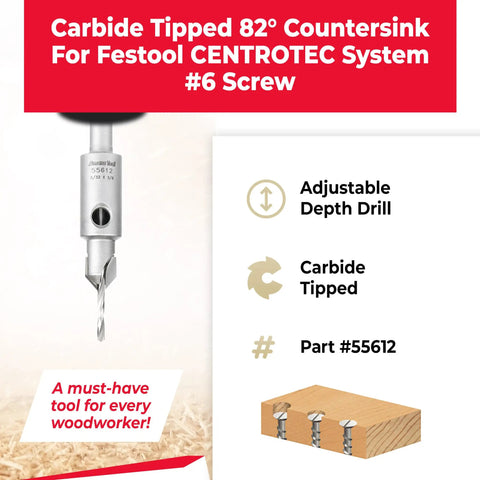 Top Shelf Carbide Tipped Eighty Two Degree Countersink Drill Bit Gives Dead On Alignment For Wood Screw Size Six Snugs Perfectly Into Festool Centrotec Quick Change Systems in adjustable depth drill