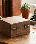 Wooden box featuring Fifteen Pcs Jewelry Box Hinges Set With Sixty Screws Antique Bronze Small Hinges for crafting and repair.