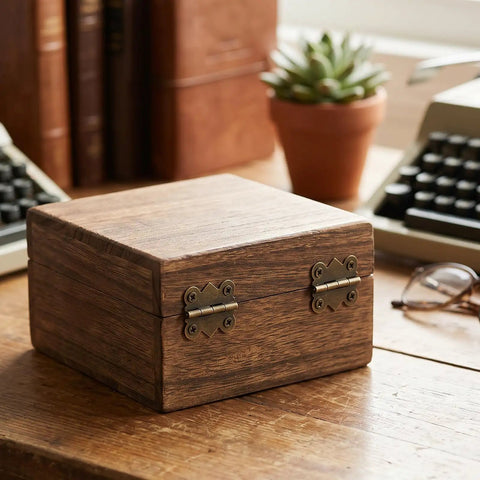 Wooden box featuring Fifteen Pcs Jewelry Box Hinges Set With Sixty Screws Antique Bronze Small Hinges for crafting and repair.