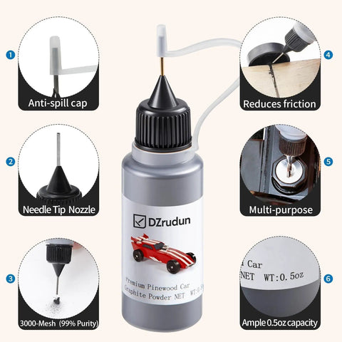Graphite Powder For Pinewood Derby Cars Half Ounce Dry Lubricant in bottle with needle tip applicator, anti-spill cap, 3000 mesh.