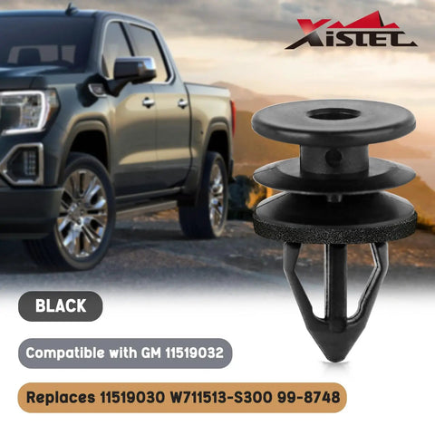 Sixty Pack Heavy Duty Door Panel Clips for Chevy and GMC, Locks Tight with Zero Flex, Replaces OEM 11519031 and 11519032, black clip close-up.