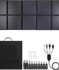 Road Ready Badass 1000 Watt Solar Panel With Hella High 25 Percent Efficiency 72V Output IP68 Waterproof Build And Plug And Play Cable Kit lying flat with connectors.