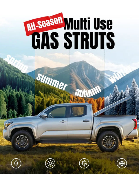 Built Tough 50 Lb Gas Struts For Tonneau Covers And Rv Beds on a silver truck with a mountain background.