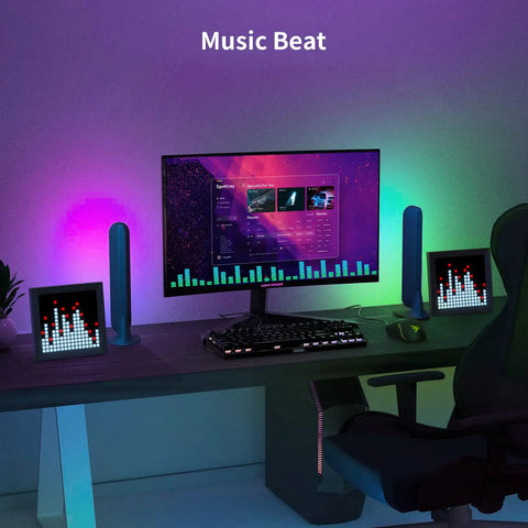 LED Pixel Display Panel For RGB Light Bars With Smart App Control, 16 Million Colors, Pixel Art Animations on a gaming desk