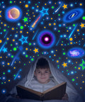 Child reading under 495 Piece Glow In The Dark Moon And Star Wall Decals For Ceiling And Walls Removable Galaxy Planets Space Stickers