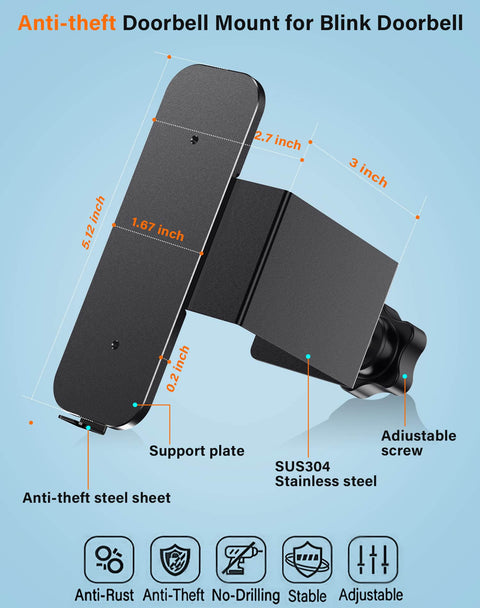 Diagram showing anti-theft doorbell mount for Blink 1st Gen with adjustable stainless steel components and measurements.