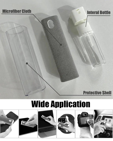 On The Go Screen Cleaning Kit with spray bottle, microfiber cloth, and protective shell for car displays, phones, laptops.