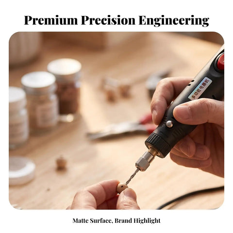 Person using 12V Electric Mini Drill Pen With Custom Speed Dial Ergonomic Compact Rotary Tool for precise woodworking.