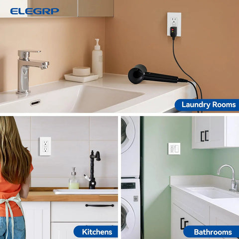 GFCI Outlet 15 Amp Self Test With Thinner Design Tamper Resistant Receptacle Ground Fault Interrupter UL Listed Matte White Wall Plate Dual Protection System for Home and Office installed in laundry room, kitchen, and bathroom