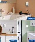 Top Shelf 15 Amp Self Test GFCI Outlets 30 Pack Matte White Wall Plates Included No Sweat Install Dead Reliable Ground Fault Protection With Thinner Body And Tamper Resistant Plugs installed in laundry room and kitchen.