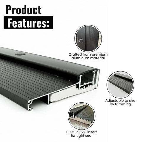 Heavy Duty Adjustable Aluminum Threshold For Secure Exterior Doors Commercial Or Residential Drip Free Black Finish 36 Inch Wide with PVC insert.