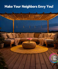 5CCT Low Voltage Outdoor Hanging Lights Set With Starry Sky Lighting illuminating a patio pergola with seating, oil rubbed bronze finish.