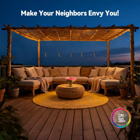 5CCT Low Voltage Outdoor Hanging Lights Set With Starry Sky Lighting illuminating a patio pergola with seating, oil rubbed bronze finish.