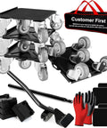 Kick Ass Heavy Duty Furniture Movers And Sliders Kit With 5 Wheel Dollies includes wheels, toolset, protective pads, and gloves for easy moving.