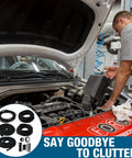 Car engine bay being organized using Split Wire Loom Sleeve Master Kit For Vehicles, Pet Chew Protection For Cords And Hoses, Includes Split Sleeves In Multiple Diameters, Fabric Heat Shrink Tubing, Silicone Tape, Locking Ties, And Electrical Tape.
