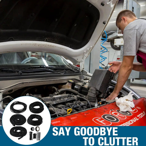 Car engine bay being organized using Split Wire Loom Sleeve Master Kit For Vehicles, Pet Chew Protection For Cords And Hoses, Includes Split Sleeves In Multiple Diameters, Fabric Heat Shrink Tubing, Silicone Tape, Locking Ties, And Electrical Tape.