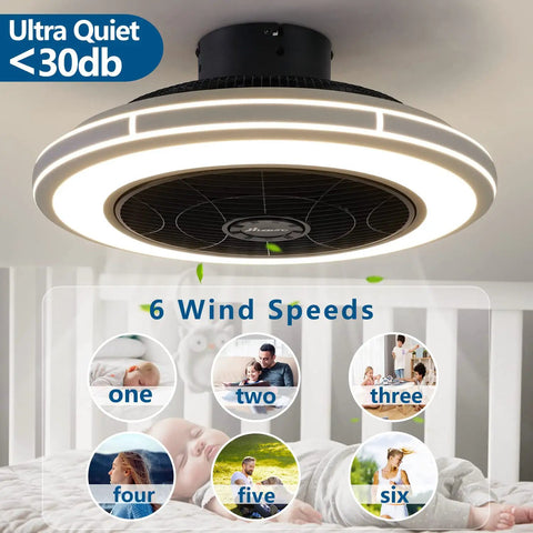 Bladeless 21 Inch Ceiling Fan With Remote Control And Light Kit showing LED light with 6 speeds and ultra-quiet operation.