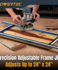 Dead Straight Precision Adjustable Router Jig With Built In Scales For Cutting Clean Grooves Slots And Inlays Rock Solid Woodworking Template Up To 24 By 24 Inches being used on wood.