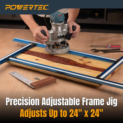Dead Straight Precision Adjustable Router Jig With Built In Scales For Cutting Clean Grooves Slots And Inlays Rock Solid Woodworking Template Up To 24 By 24 Inches being used on wood.