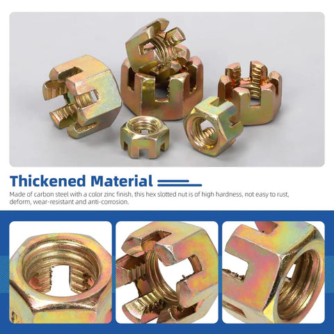 60Pcs Hex Slotted Nuts Set M10 M12 M14 M16 M18 M20 Carbon Steel Hex Castle Nuts All Star Nuts Kit displayed with close-up views.