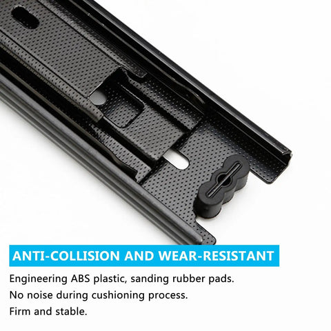 Close-up of Heavy Duty 12 Inch Full Extension Drawer Slides with Ball Bearing Side Mount Rails made of ABS plastic and rubber pads.