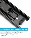 Close-up of black steel three section telescoping drawer slides with anti-collision features and sanded rubber pads.