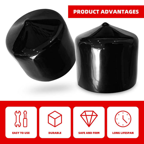 Close-up of two black rubber dust caps for 12 Pack Bearing Dust Caps 1.98 Inch Black Rubber Hub Covers For Trailer Wheel Bearing Protectors Replacement For Boat And RV Trailers Tough Rubber Build Weather Resistant Rust Prevention Easy Install Fit 1.98 Inch Bearings.