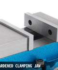 Close-up of Beefy 3 Inch Milling Vise For Bench Clamp, High Precision CNC Vise with hardened clamping jaw and solid iron construction.